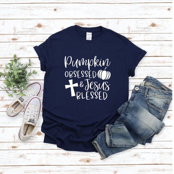 Pumpkin Obsessed & Jesus Blessed Softstyle® Fitted T-Shirt - Picture 1 of 3